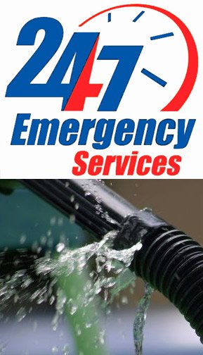 24/7 emergency services and image of burst pipe