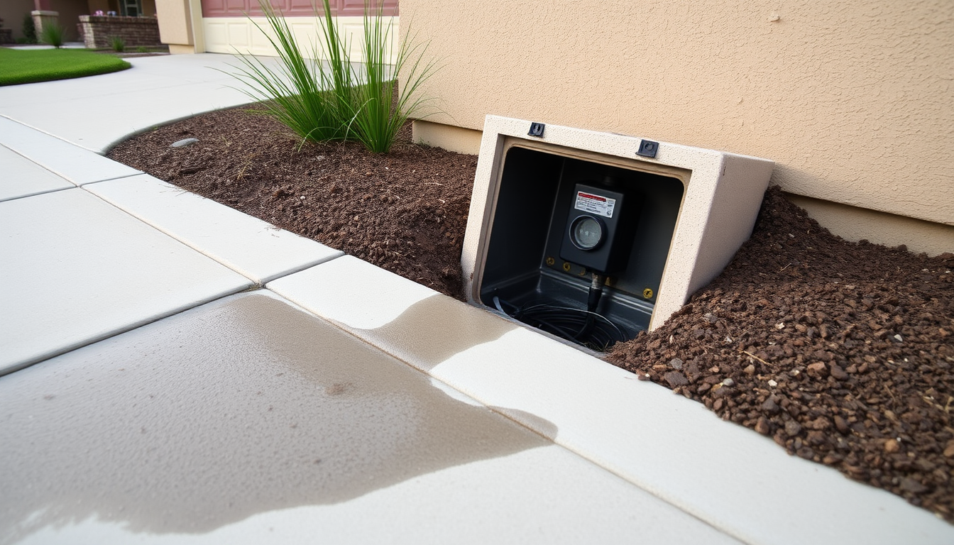 Open water meter box and a damp concrete walkway outside an LA stucco home, a common high water bill leak scene.