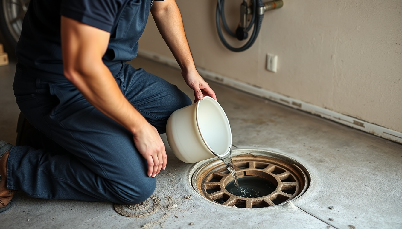 A plumber pouring water into a garage floor drain to clear a sewer smell in house from a dried-out trap.