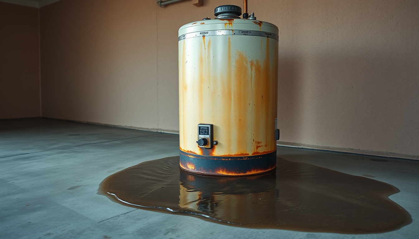A water heater leaking onto a concrete garage floor with rust stains and a pool of water around its corroded base.