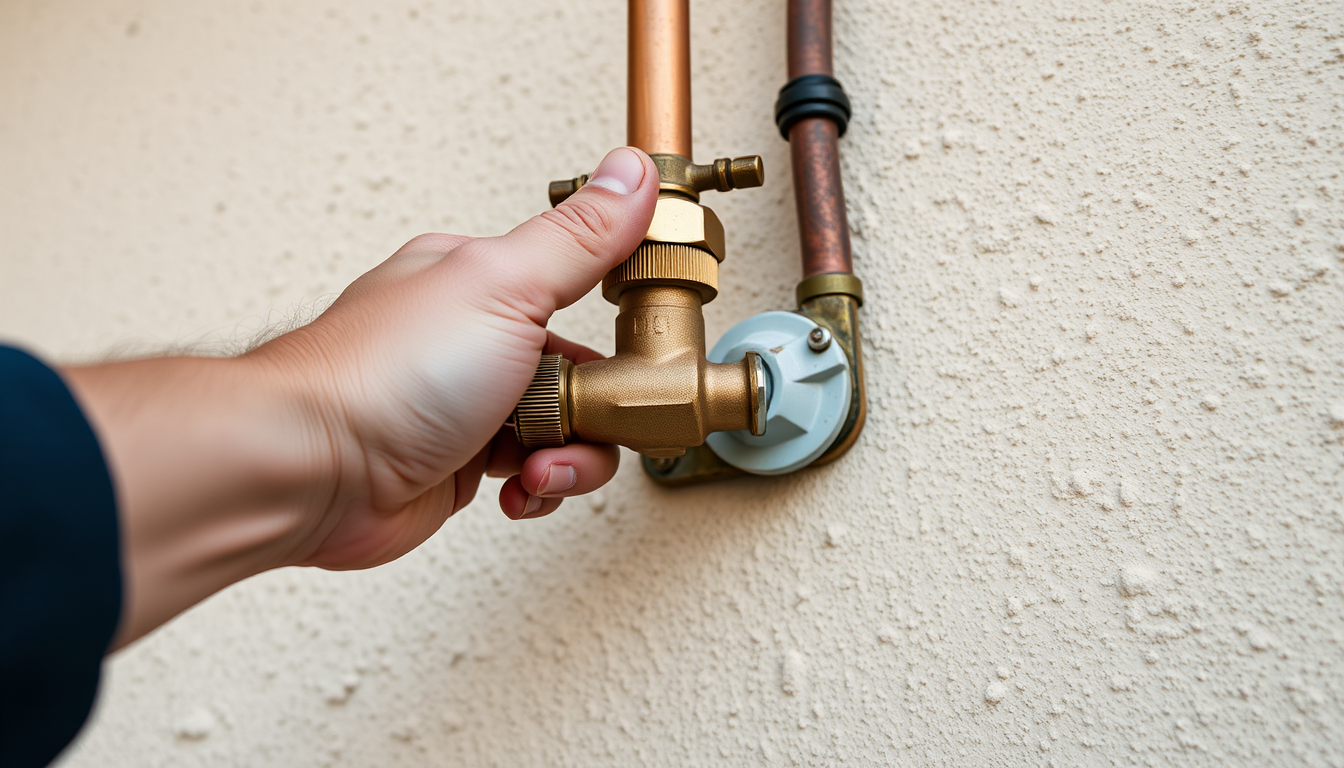 A homeowner's hand turning the brass water shut off valve on a copper pipe along a stucco exterior wall of an LA home.