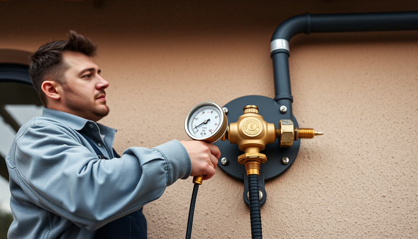Plumber performing backflow preventer testing on a brass valve assembly mounted outside an LA commercial building.