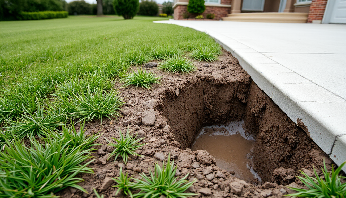 Wet muddy patch in a front lawn with an exposed pipe in a trench, showing a main water line leak at a home.