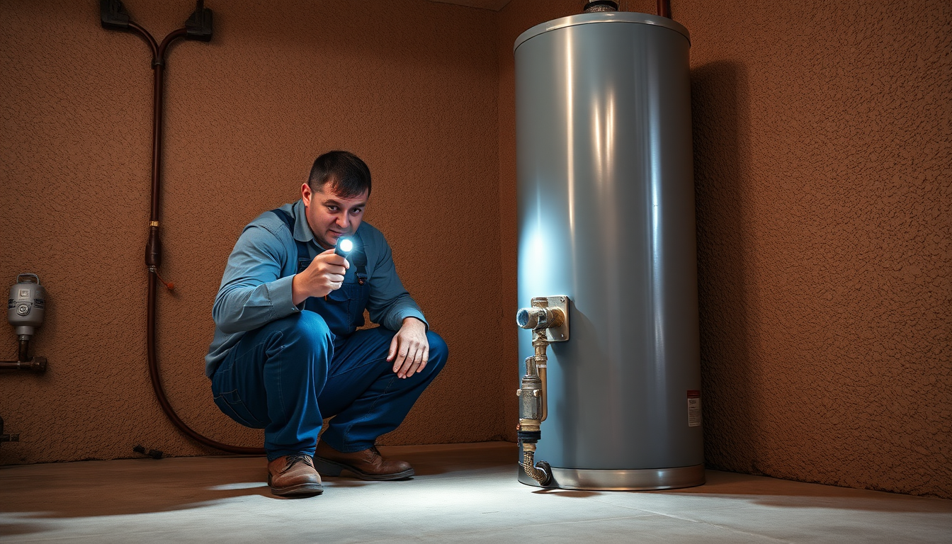 Plumber checks the pilot light and thermocouple on a water heater not heating water in an LA garage.