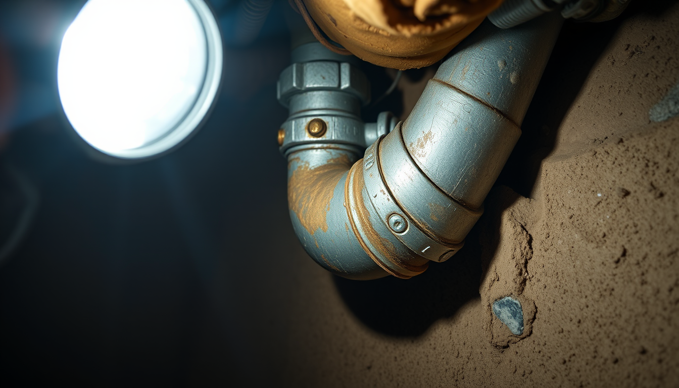 A plumber's flashlight lights a corroded galvanized pipe joint in a crawl space, showing lead pipe risks in an LA home.