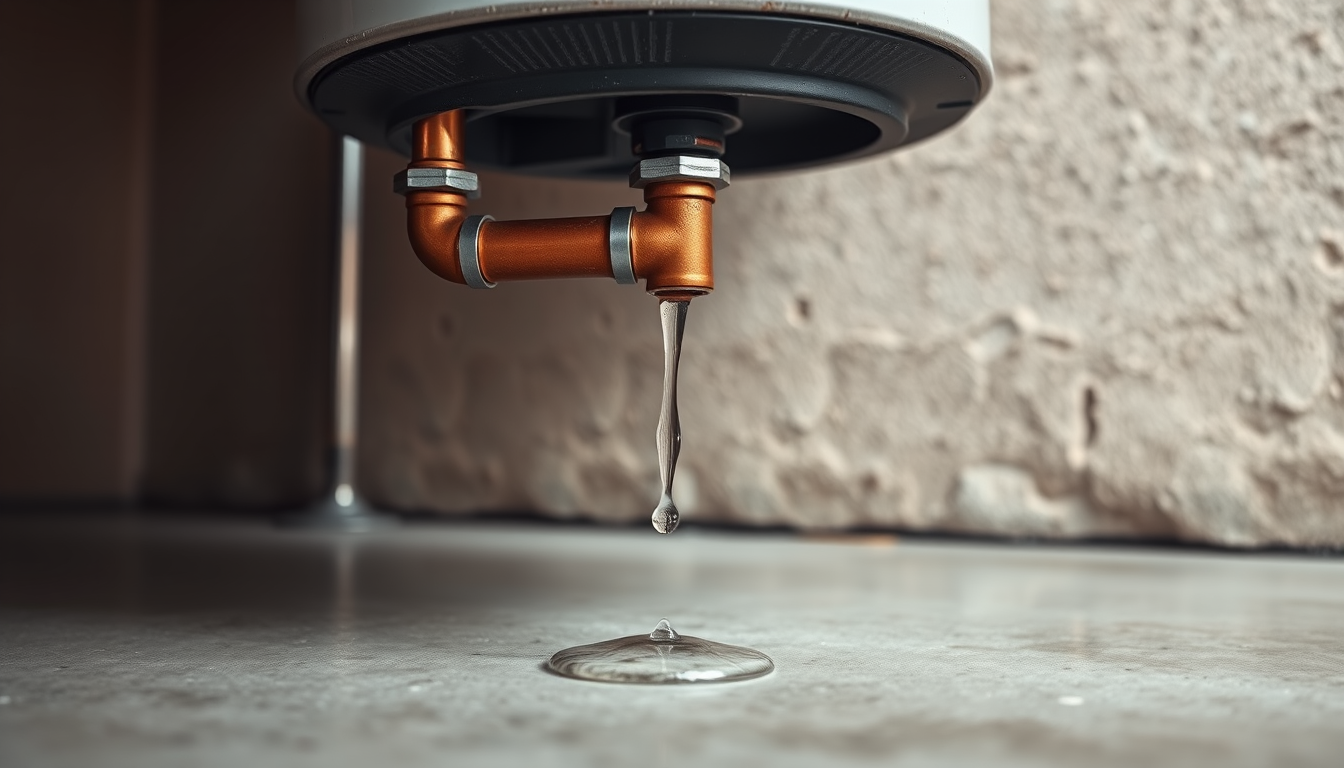 A copper relief valve pipe drips water onto a concrete floor beneath a gas water heater in an LA garage.