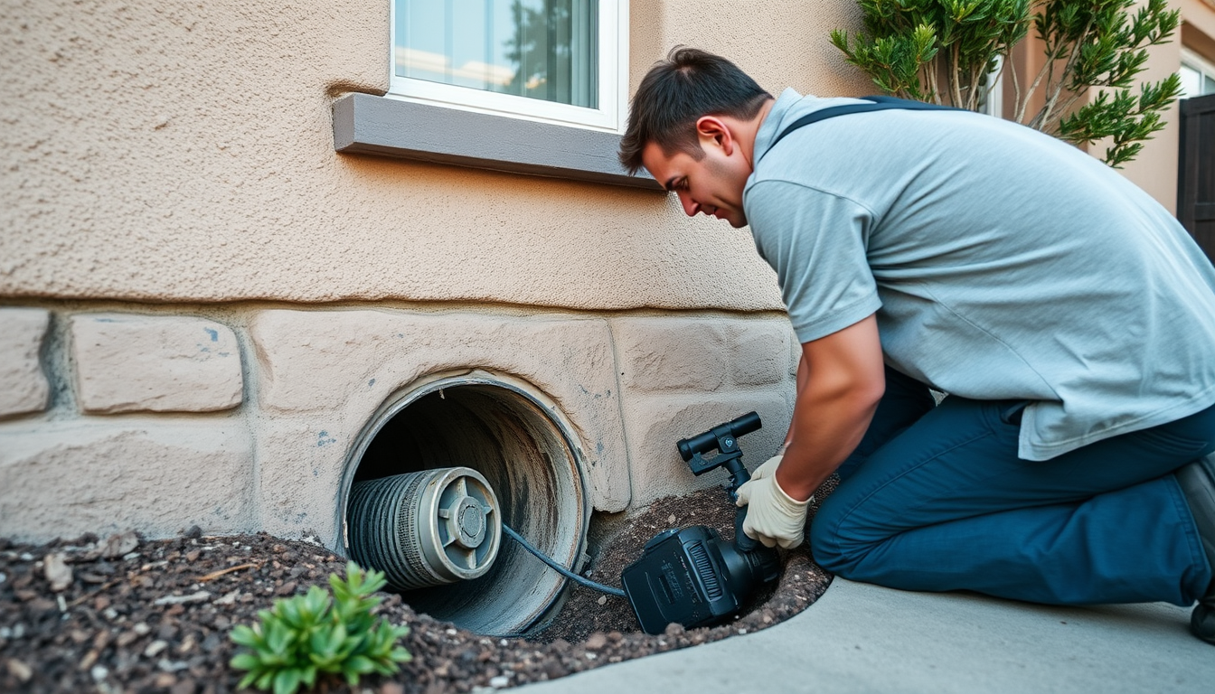 A plumber feeding a sewer camera inspection cable into a cleanout pipe outside a stucco Los Angeles home.