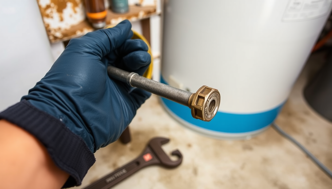 Close-up of a plumber's gloved hand holding a corroded anode rod pulled from a water heater tank in an LA garage.