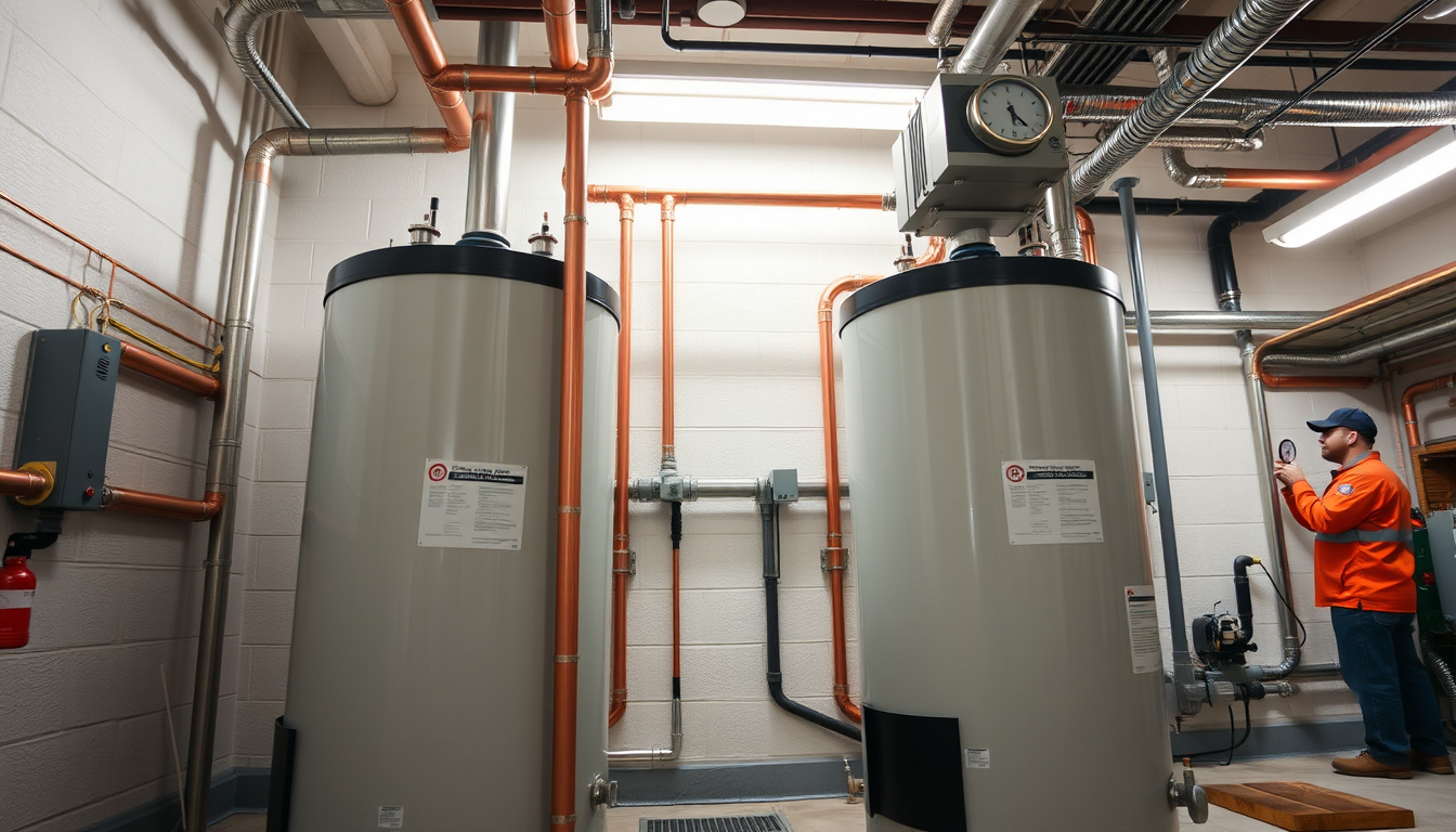Technician inspecting tanks during a commercial water heater repair assessment