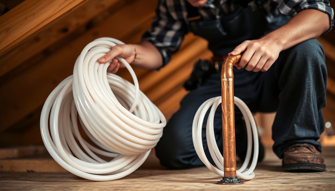A plumber compares a coil of white PEX tubing to a cut copper pipe in an LA home's attic during a repipe.